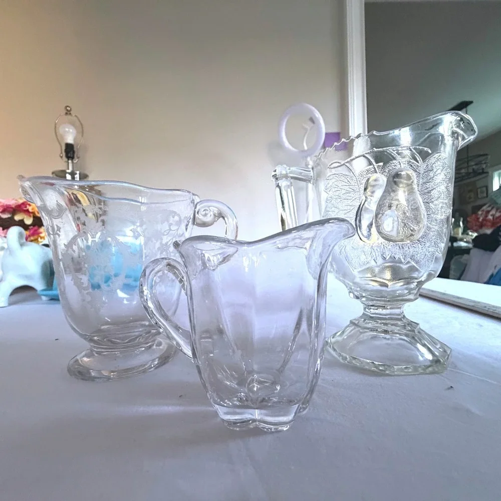 Vintage Glass Set Etched Floral Embossed Piece‎ Pear Footed Pitcher 3pc Clear